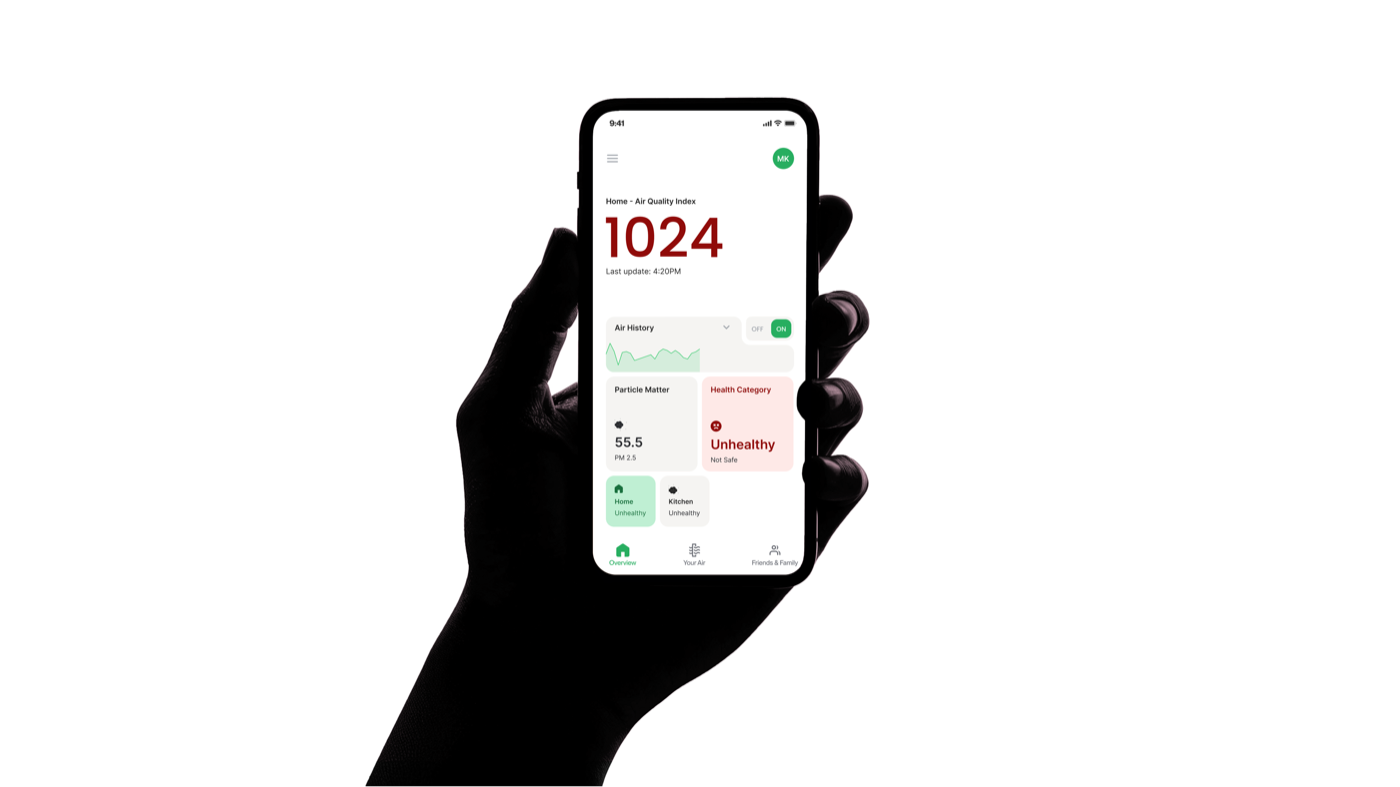 The Kair companion app: live AQI, PM2.5 reading and rooms across the home